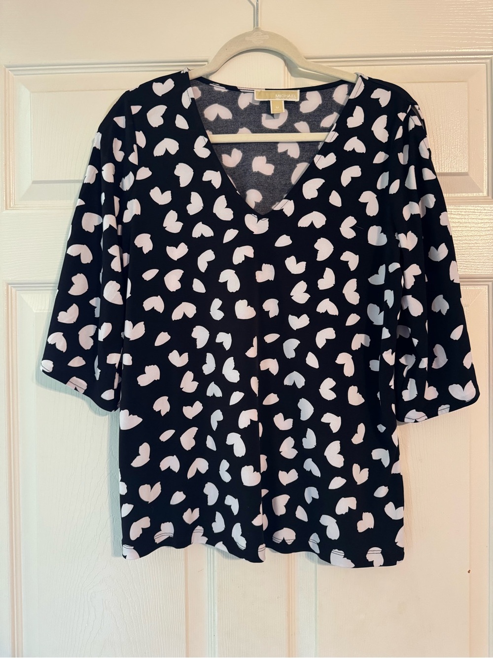 Michael Kors Black Short-Sleeve V-Neck Top with White Heart Print